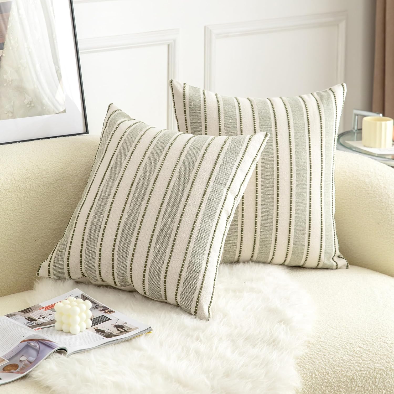 Decorative Boho Throw Pillow Covers, Farmhouse Textured Pillow Case, 22 x 22 Inch Set of 2, Chair Sofa Bedroom Living Room Home Decor Couch Cushion Case, Olive Green and Beige Striped