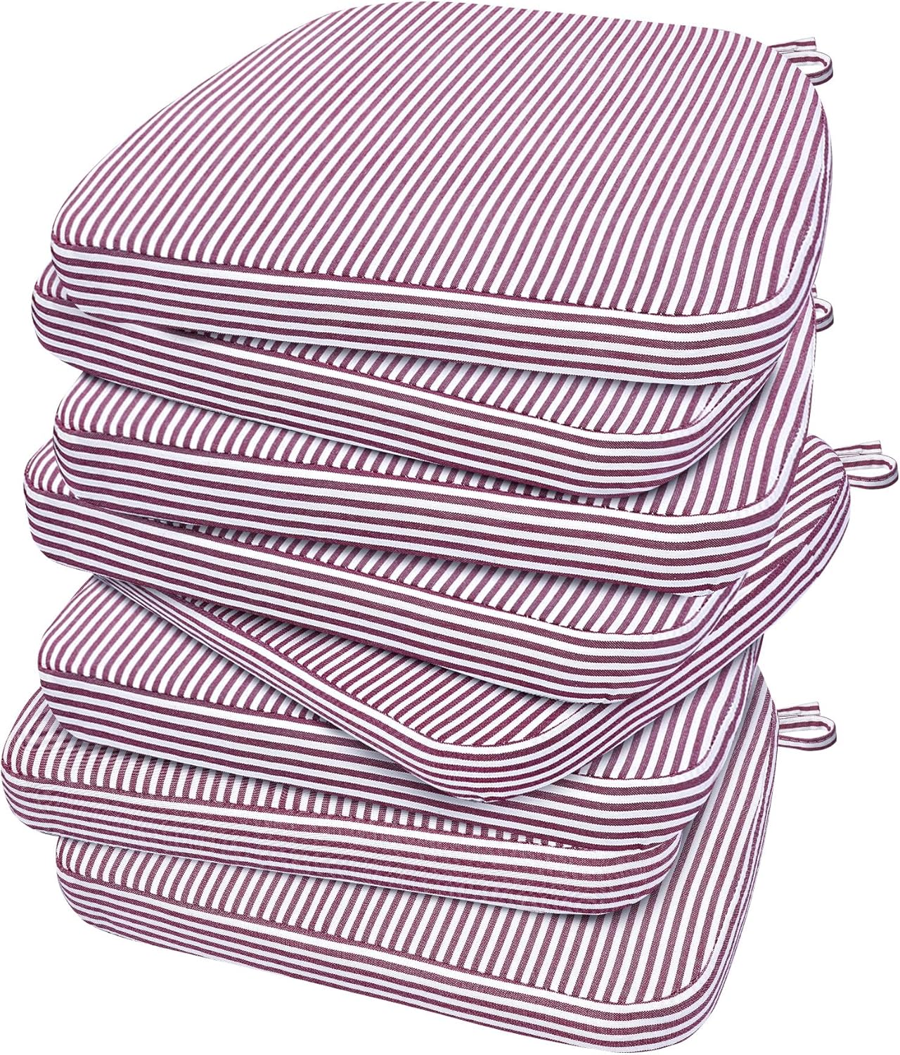 AAAAAcessories D-Shaped Chair Cushions, 2" Thick Dining Chair Pads with Ties and Removable, Machine-Washable Cover, 17" x 16", Set of 8, Pinstripe Red