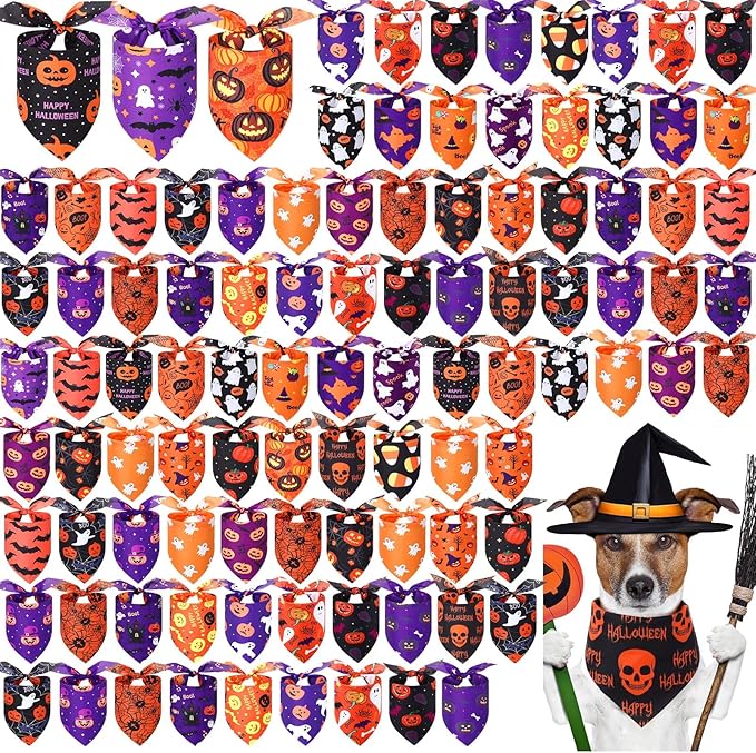 Abbylike 100 Pcs Halloween Dog Bandanas Bulk Pumpkin Bandanas for Dogs Triangle Kerchief Bibs Scarf Set for Pet Halloween Costume Photo Props Accessories Pet Shops, 25 Styles (19.7 x 13.8 x 13.8)