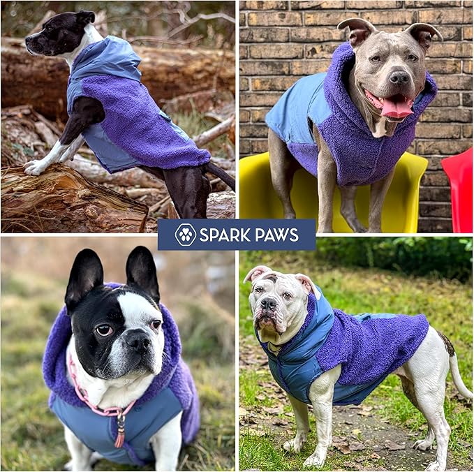 Spark Paws Reversible Dog Sweater, Sherpa Jacket Vest with Warm Fleece Lining, Warm Coat for Winter, Suitable for Small Medium, Large, XL XXL Dogs - Purple and Navy Blue - XL