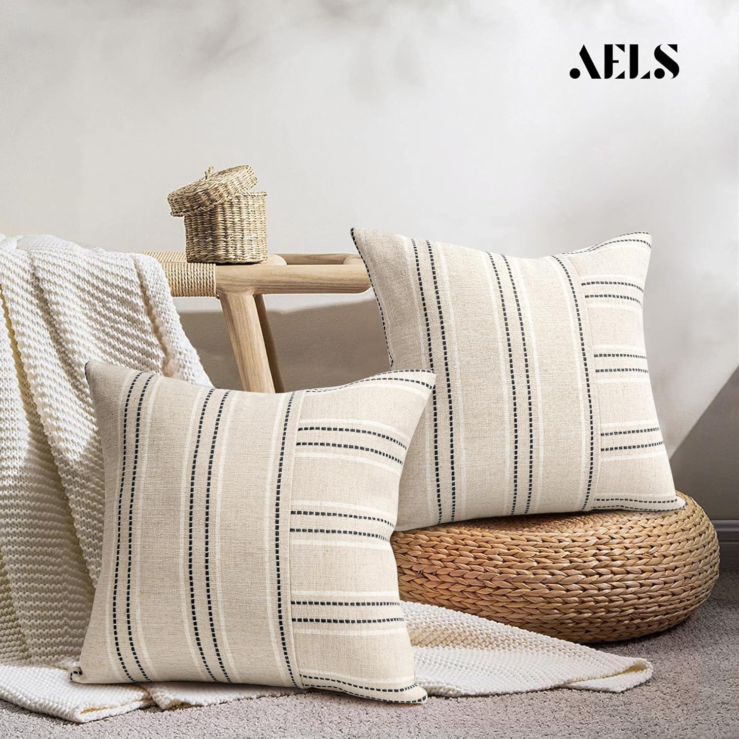 AELS 24x24 Decorative Farmhouse Linen Throw Pillow Covers, Boho Textured Pillow Case, Set of 2, Beige with White & Black Stripe Patchwork Cushion Cover for Sofa Couch Living Room (Cover ONLY)