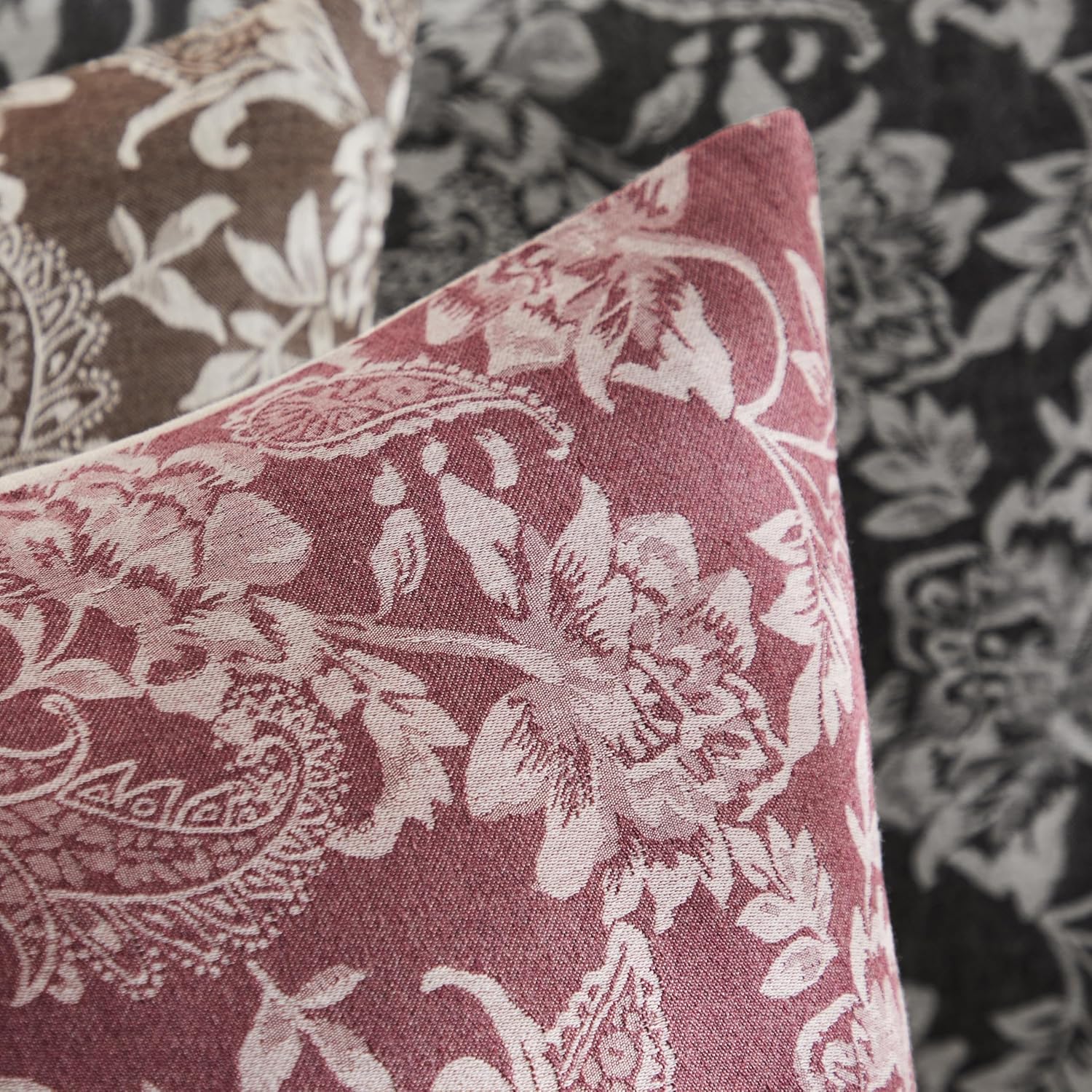 Floral Jacquard Throw Pillow Covers Set of 2, Background/Burgundy 24x24 Inch, Farmhouse Decorative Cotton Burgundy Cushion Covers for Sofa Bed Living Room Home Decor