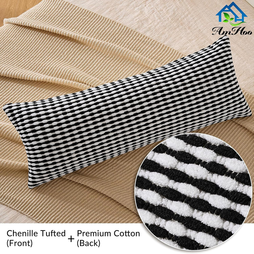 AmHoo Boho Chenille Pillow Cover Decorative Tufted Pillowcase for Couch Bed Sofa Bedroom Living Room Modern 14 x 36-Inch Black