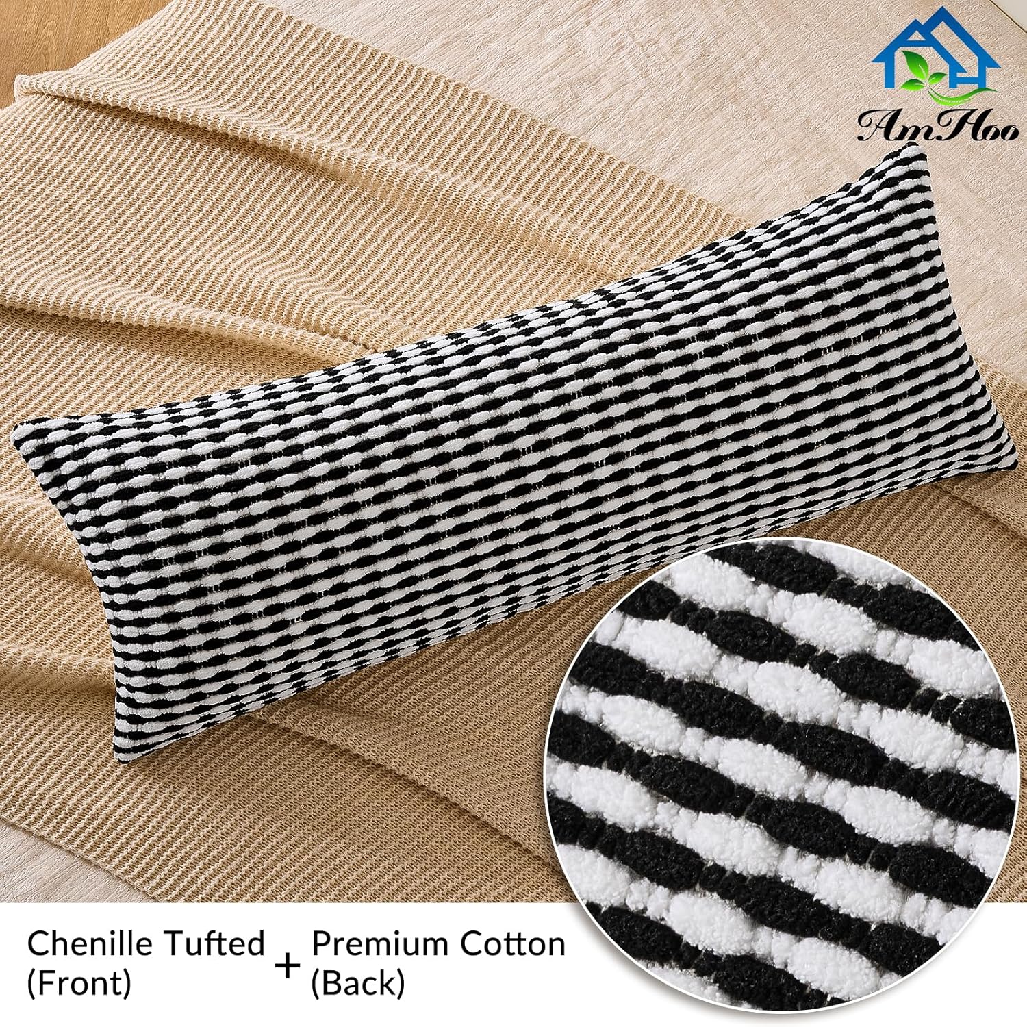 AmHoo Boho Chenille Pillow Cover Decorative Tufted Pillowcase for Couch Bed Sofa Bedroom Living Room Modern 14 x 36-Inch Black