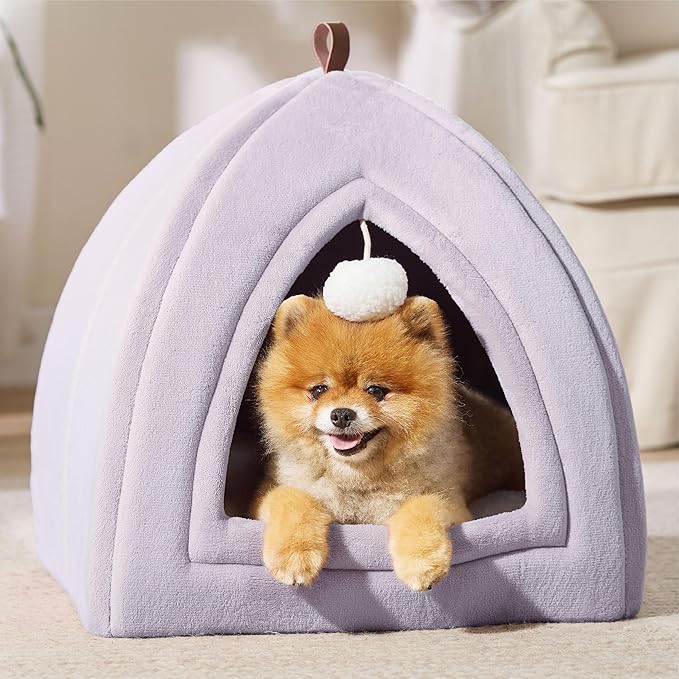 Bedsure Cat Beds for Indoor - 2 in 1 Cat Cave House Tent for Kittens and Small Pets with Removable Washable Cushioned Pillow, Foldable Kitten Hideaway with Non-Slip Bottom, Purple, 17.3 inches
