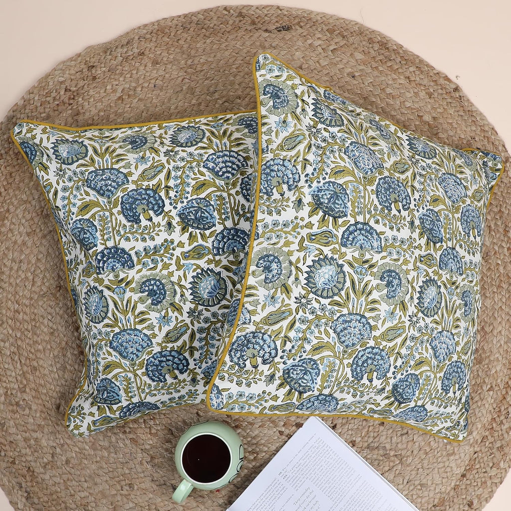SheetKart Pure Cotton Throw Pillow Covers - Set of 2 - Hand Block Pure Cotton Printed Boho Decorative Pillow Covers - Cushion Covers for Living Room, Bohemian Theme, 19 x 19 Inches, Midnight Olive