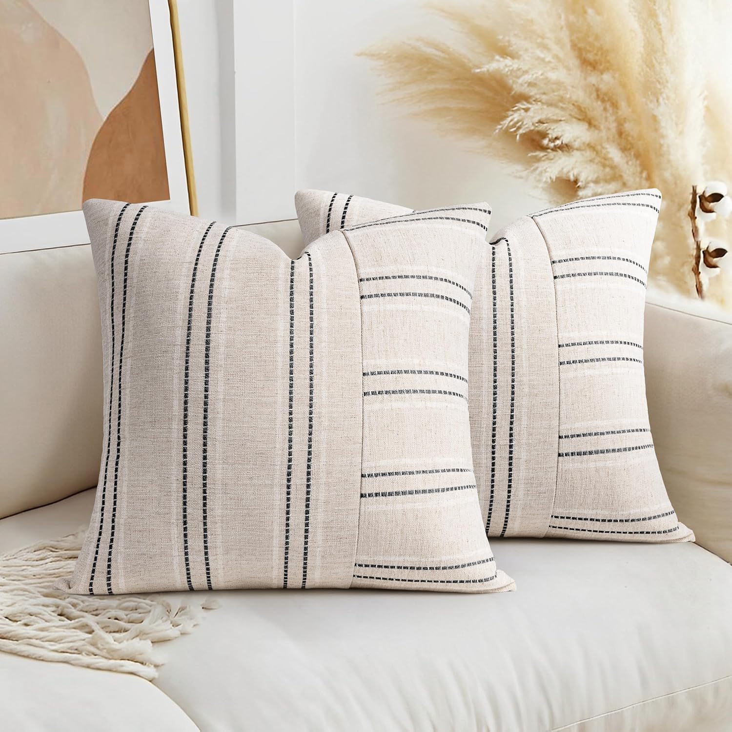 AELS 18x18 Decorative Farmhouse Linen Throw Pillow Covers, Boho Textured Pillow Case, Set of 2, Beige with White & Black Stripe Patchwork Cushion Cover for Sofa Couch Living Room (Cover ONLY)