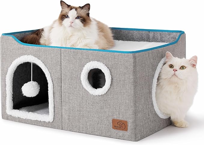 Bedsure Large Cat Beds for Indoor Cats - Extra Wide Cat Cube House for Small Pet with Fluffy Ball Hanging and Scratch Pad, Foldable Pet Cave Hideaway for Multiple Cats, 23.6x16.9x13 inches, Grey