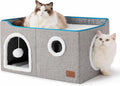 Bedsure Large Cat Beds for Indoor Cats - Extra Wide Cat Cube House for Small Pet with Fluffy Ball Hanging and Scratch Pad, Foldable Pet Cave Hideaway for Multiple Cats, 23.6x16.9x13 inches, Grey