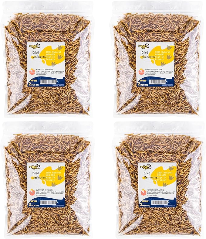 RANZ 8LBS Non-GMO Dried Mealworms for Chickens, High Protein Meal Worms, Premium Chicken Feed, Whole Large Mealworms for Blue Birds, Ducks, Fish