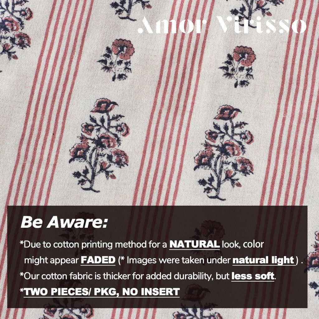 Amor Virisso Floral Throw Pillow Covers 18x18 Set of 2 Block Print Pillow Covers Neutral Floral Striped Farmhouse Decorative Pillow Covers for Sofa Couch Bed, Red