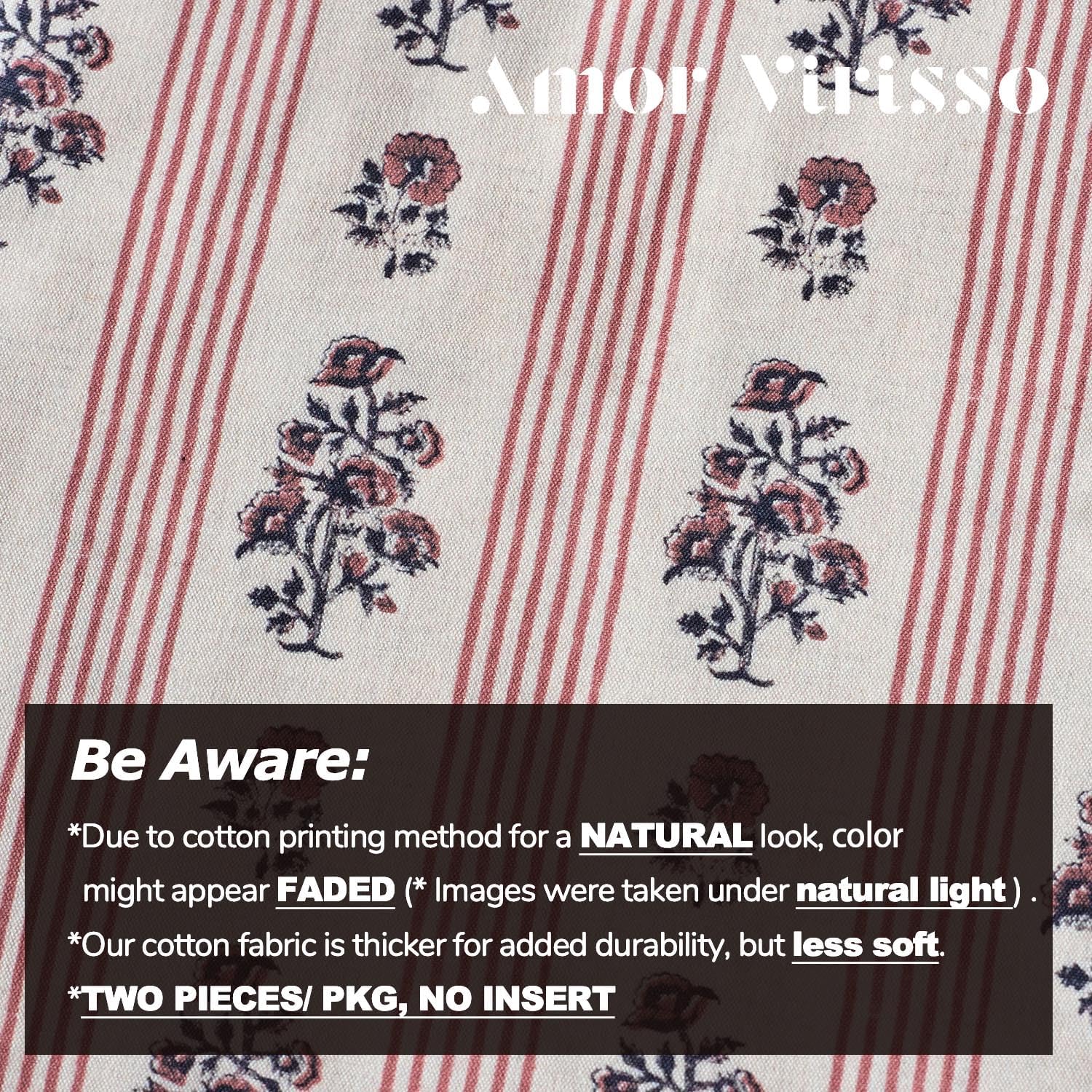 Amor Virisso Floral Throw Pillow Covers 18x18 Set of 2 Block Print Pillow Covers Neutral Floral Striped Farmhouse Decorative Pillow Covers for Sofa Couch Bed, Red