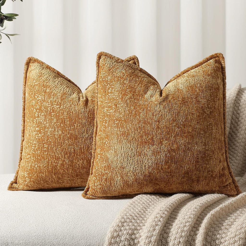 Pack of 2 Golden Brown Decorative Throw Pillow Covers 24x24 Cozy Soft Chenille Accent Vintage Square Couch Pillow Covers for Home Decor Bed Sofa Living Room
