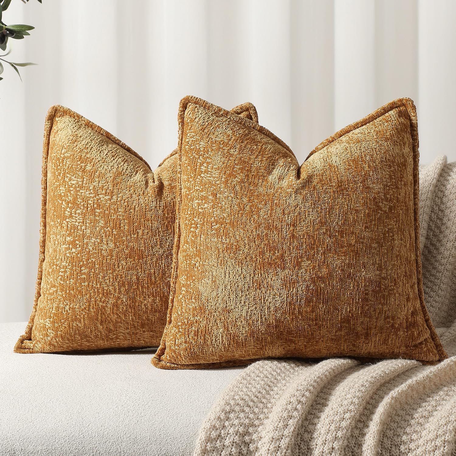 Pack of 2 Golden Brown Decorative Throw Pillow Covers 16x16 Cozy Soft Chenille Accent Vintage Square Couch Pillow Covers for Home Decor Bed Sofa Living Room