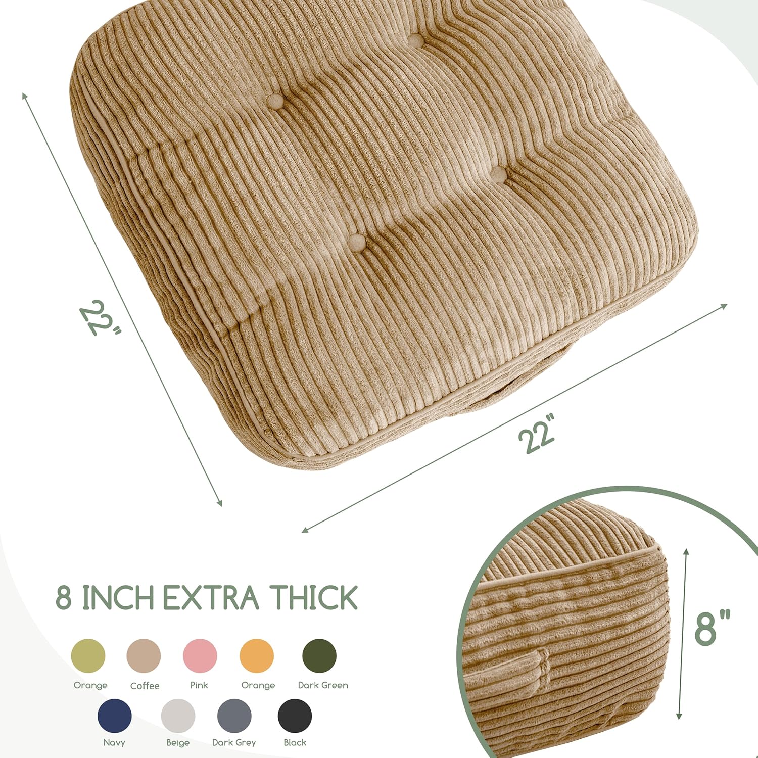 8" Washable Floor Pillow Cushion for Adults, Meditation Cushion Pillow, Large Square Floor Sitting, Removable Tufted Corduroy Cover, for Tatami Living Room or Yoga, 22x22 Inch, 2Pack, Machine Washable