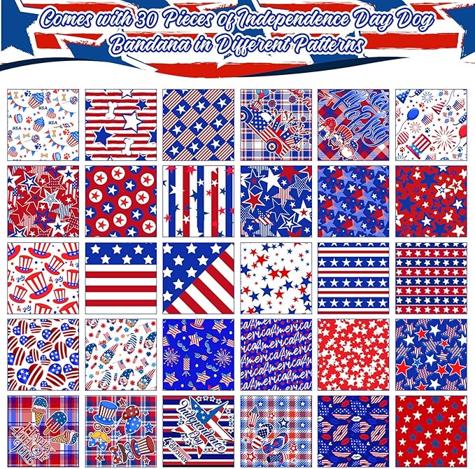 30 Pcs Dog Bandanas Bulk American Flag Pet Scarf Holiday Puppy Bandanas Washable Adjustable Patriotic Dog Bandana for Sport Event Parade Labor Day Patriot Day Small Medium Large Pet Grooming