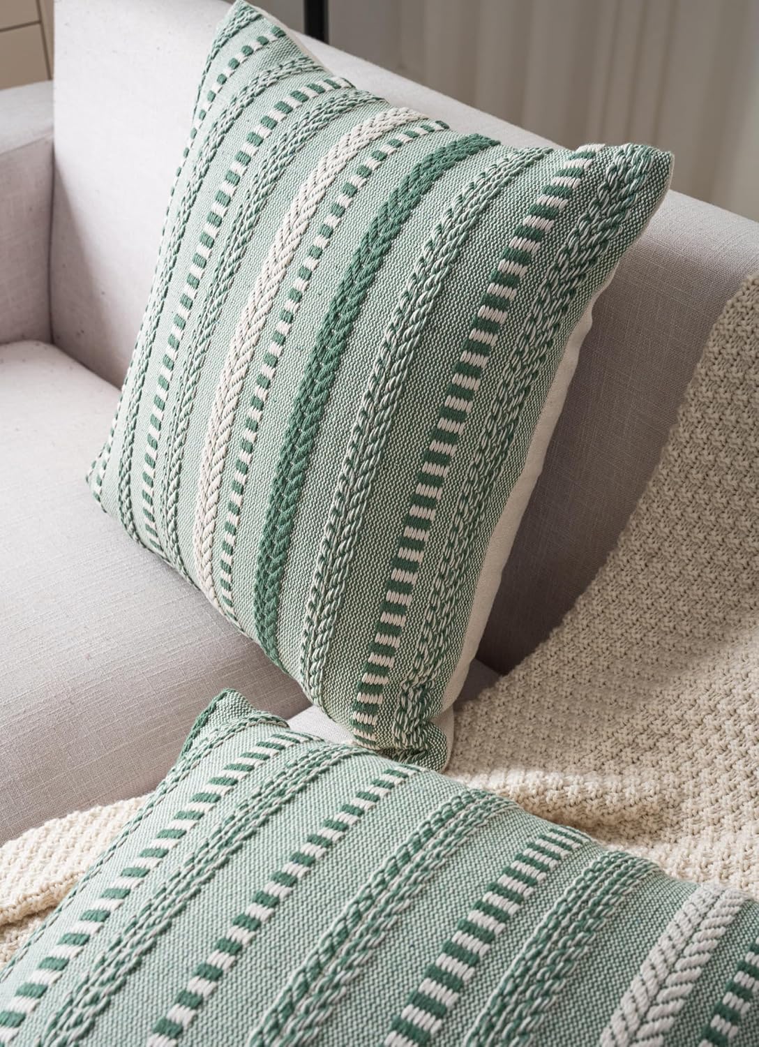 Boho Throw Pillow Covers 22x22 Inch Set of 2, Farmhouse Decorative Couch Pillow Cases, Light Green Accent Pillows of Bed, Sofa Bedroom Living Room Home Decor Cushion Cover