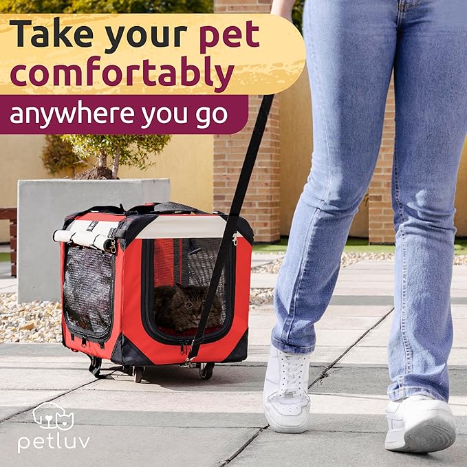 Large Cat Carrier on Wheels, Dog Carrier for 2 Cats or Medium Dog, Soft-Sided, Collapsible with Locking Zippers, Red