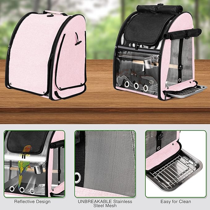 SUERTREE Bird Carrier Bag with Indestructible Stainless Steel Mesh, Bird Travel Cage with Stand, Easy to Clean Backpack for Parrot, Portable Bird Travel Bag, Pet Breathable Travel Cage, Pink