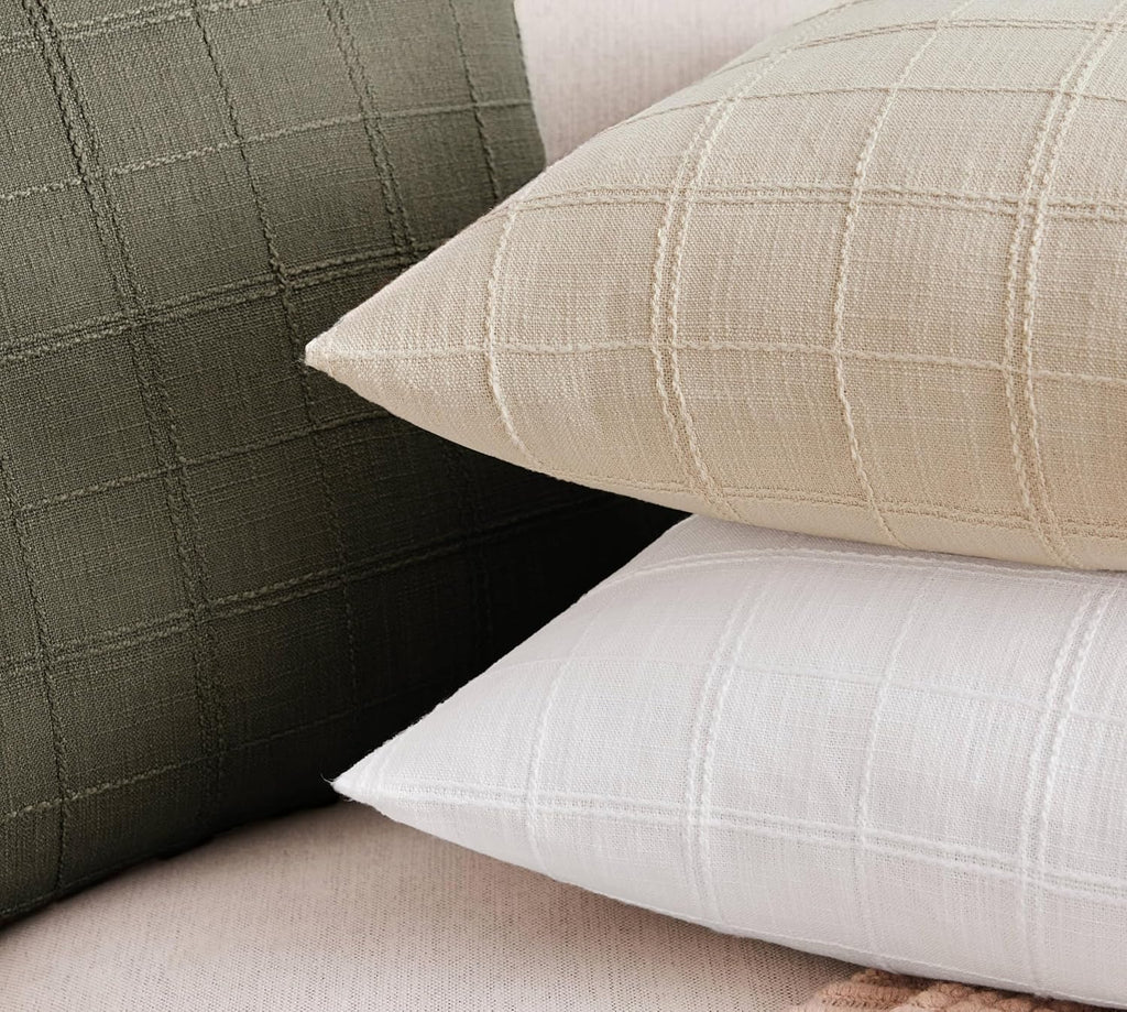 ZeeMart Linen Checked Throw Pillow Covers Set of 2, 22x22 Inch Allover Grid Beige, Farmhouse Decorative Double Sided Grid Embroidered Couch Pillow Cases Beige Cotton Linen Cushion Covers ﻿