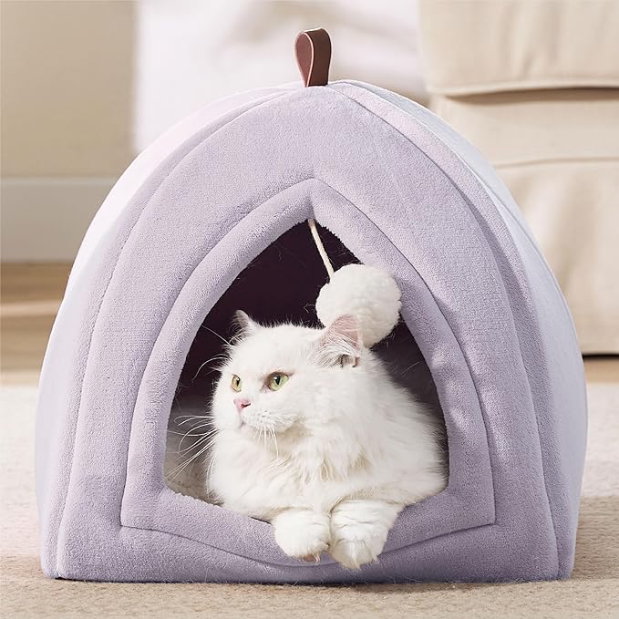 Bedsure Cat Beds for Indoor - 2 in 1 Cat Cave House Tent for Kittens and Small Pets with Removable Washable Cushioned Pillow, Foldable Kitten Hideaway with Non-Slip Bottom, Purple, 16 inches