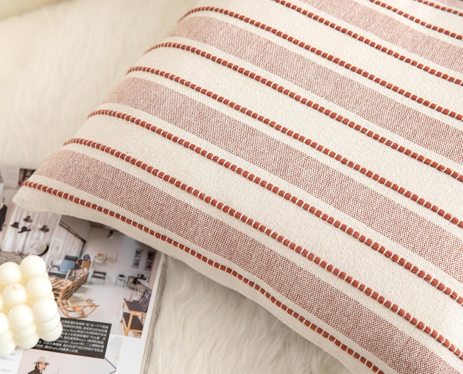 Decorative Boho Throw Pillow Covers, Farmhouse Textured Pillow Case, 20 x 20 Inch Set of 2, Chair Sofa Bedroom Living Room Home Decor Couch Cushion Case, Rust and Beige Striped