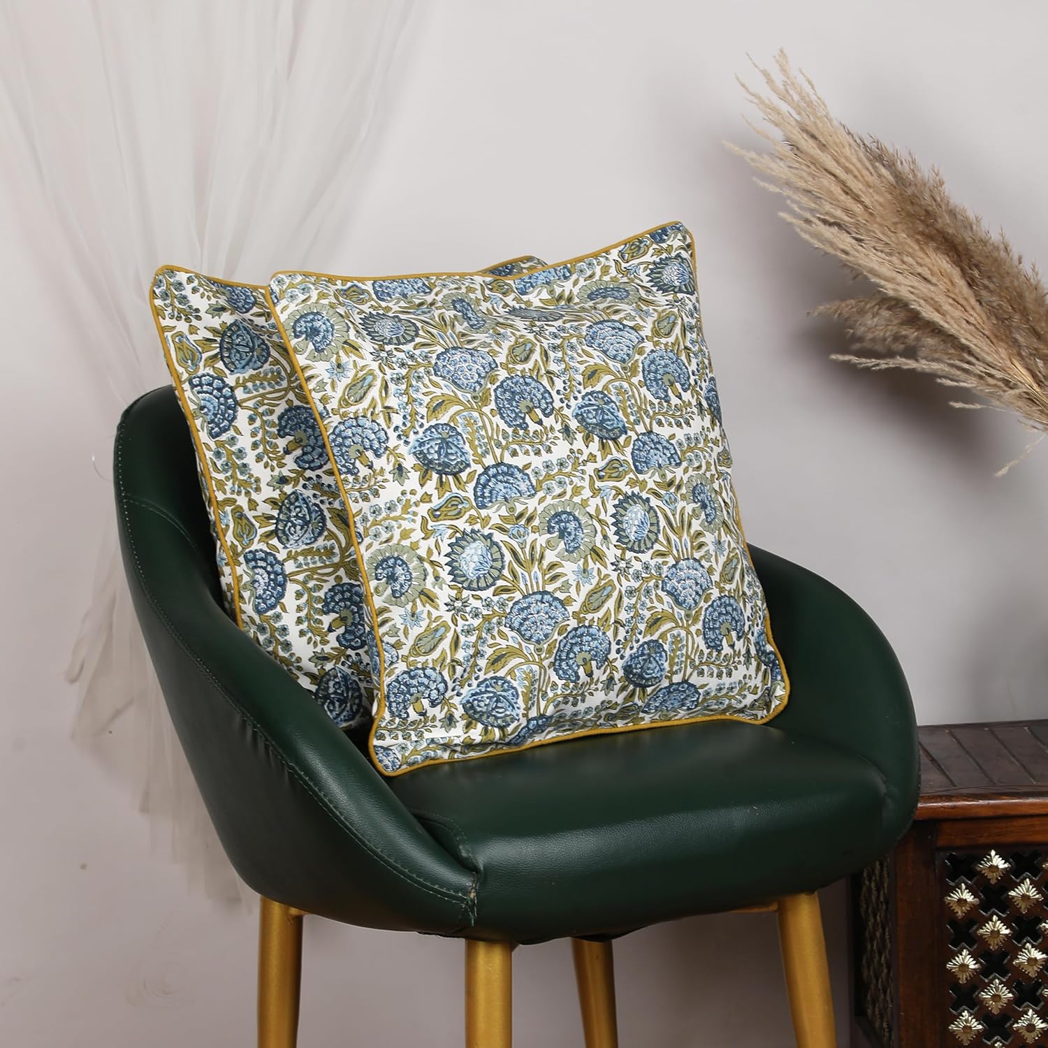 SheetKart Pure Cotton Throw Pillow Covers - Set of 2 - Hand Block Pure Cotton Printed Boho Decorative Pillow Covers - Cushion Covers for Living Room, Bohemian Theme, 18 x 18 Inches, Midnight Olive