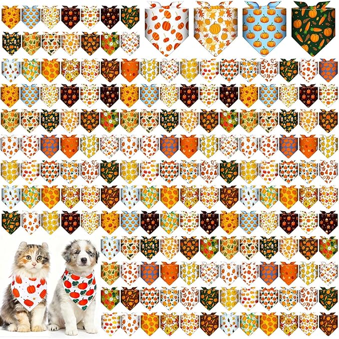 Aliceset 180 Pcs Fall Dog Bandanas Bulk Thanksgiving Bandana for Dog Adjustable Washable Pet Triangle Scarf Cute Kerchief Scarves for Pet Autumn Party Costume Accessories Decorations