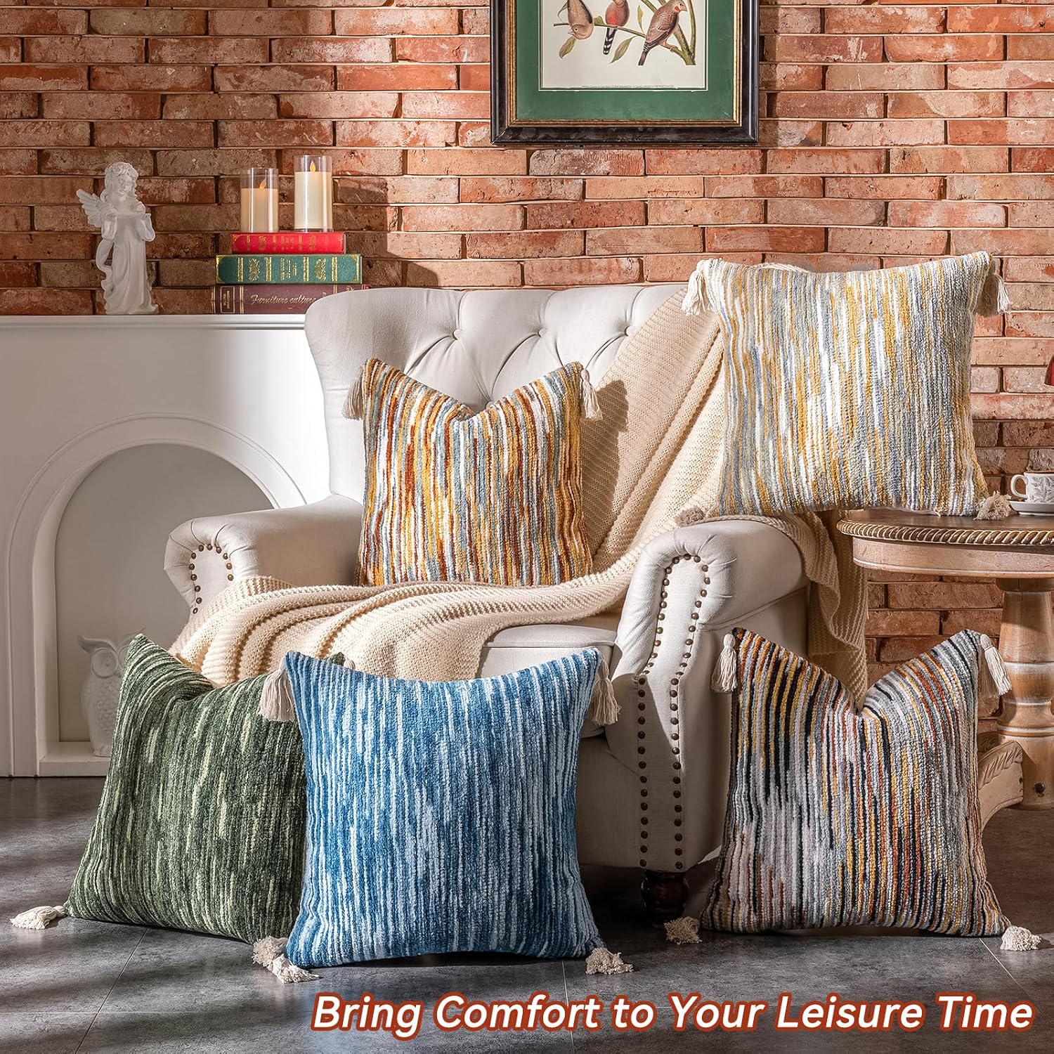 AmHoo Boho Throw Pillow Covers Set of 2 Decorative Bohemian Woven Tufted Striped Farmhouse with Tassels Textured Cushion Case Pillowcase Neutral for Sofa Couch Bed 18 x 18-Inch Light Grey