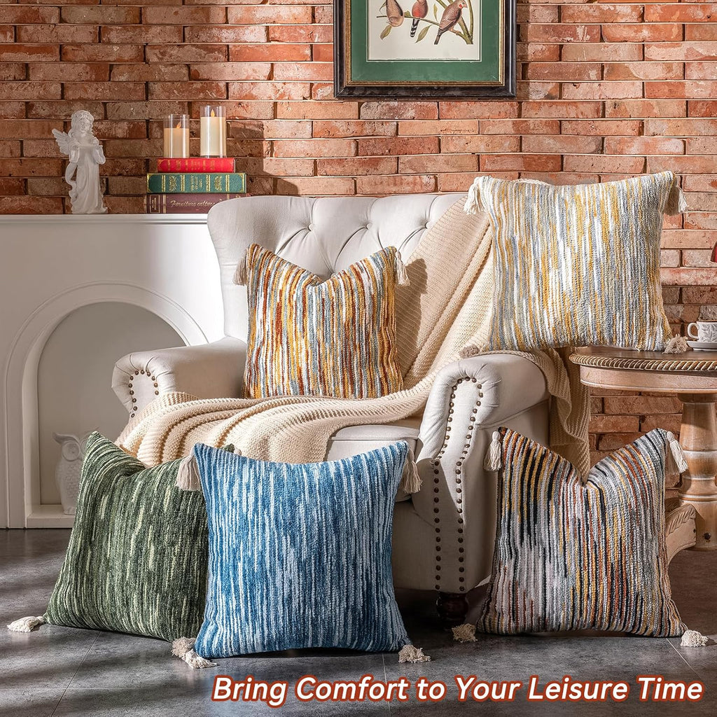 AmHoo Boho Throw Pillow Covers Set of 2 Decorative Bohemian Woven Tufted Striped Farmhouse with Tassels Textured Cushion Case Pillowcase Neutral for Sofa Couch Bed 18 x 18-Inch Sky Blue