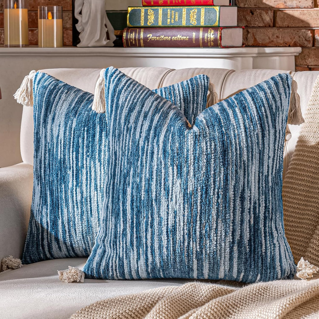 AmHoo Boho Throw Pillow Covers Set of 2 Decorative Bohemian Woven Tufted Striped Farmhouse with Tassels Textured Cushion Case Pillowcase Neutral for Sofa Couch Bed 18 x 18-Inch Sky Blue