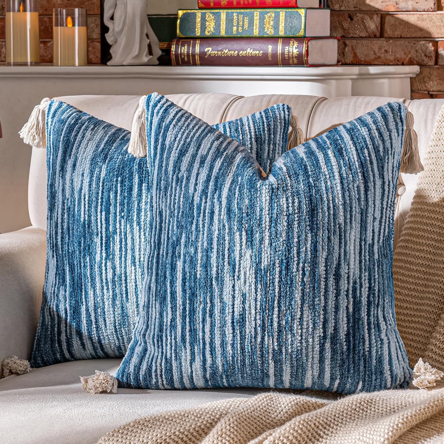 AmHoo Boho Throw Pillow Covers Set of 2 Decorative Bohemian Woven Tufted Striped Farmhouse with Tassels Textured Cushion Case Pillowcase Neutral for Sofa Couch Bed 18 x 18-Inch Sky Blue
