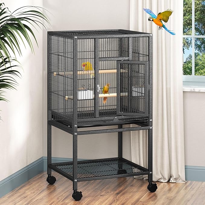 DWVO 41-inch Metal Bird Cage: Large Parrot Cages with Rolling Stand - Features Tray, Food Boxes & Wooden Perches for Parakeets, Lovebirds, Cockatiels, Finches and Pigeons, Black