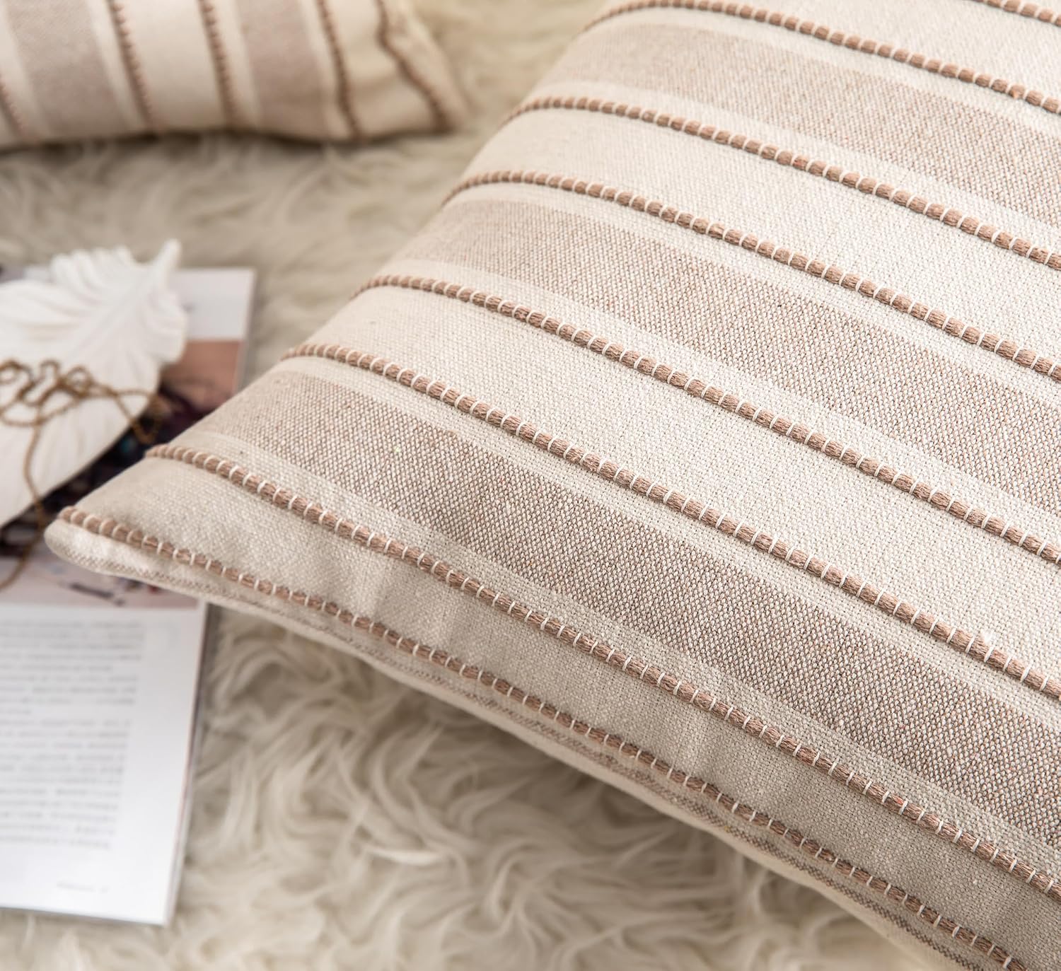 Decorative Boho Throw Pillow Covers, Farmhouse Textured Pillow Case, 22 x 22 Inch Set of 2, Chair Sofa Bedroom Living Room Home Decor Couch Cushion Case, Taupe and Beige Striped