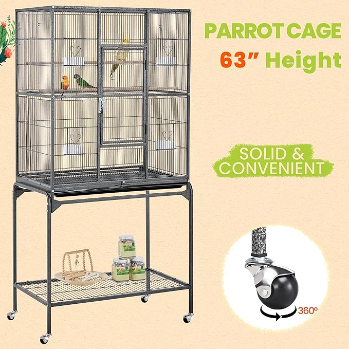 Yaheetech 63-Inch Wrought Iron Rolling Large Bird Cage for African Grey Small Quaker Amazon Parrots Canary Bird Flight Cage