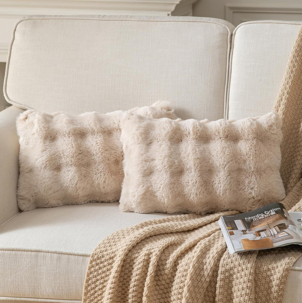 Pack of 2 Thick Plush Throw Pillow Covers Fluffy Wave Faux Fur Decorative Cushion Covers Soft Wool Pillowcase for Sofa Couch Livingroom 12x20 Inch Beige