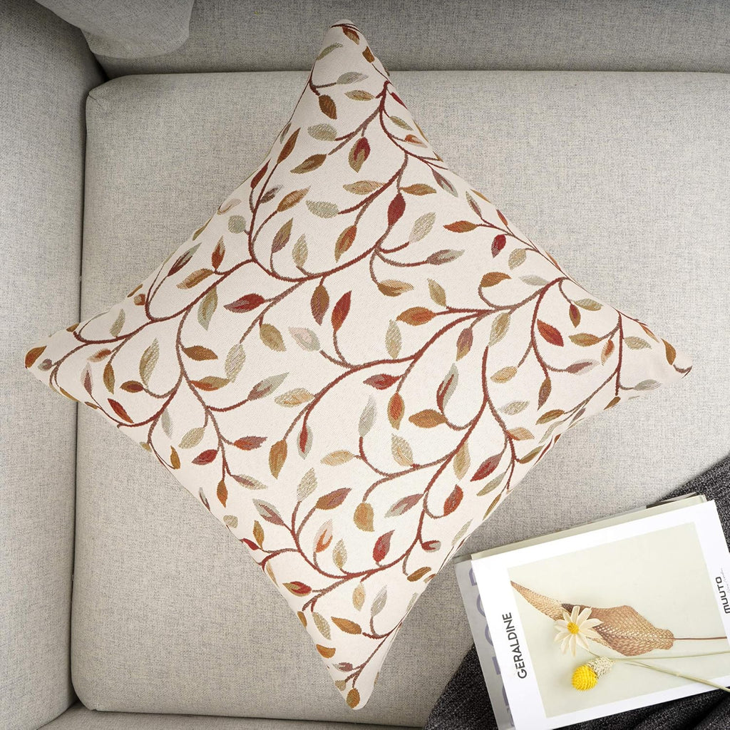 YOUR SMILE Classical Embroidery Jacquard Beige Leaf Pattern Square Decorative Throw Pillow Case Cushion Cover 18 x 18 inch