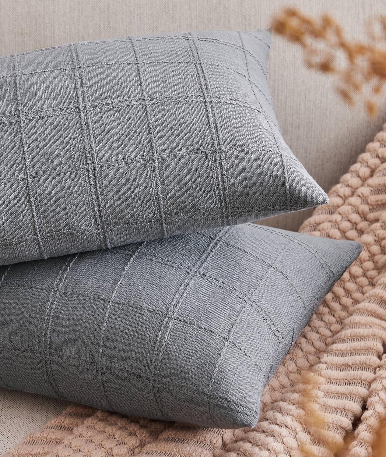 ZeeMart Linen Checked Lumbar Throw Pillow Covers Set of 2, 12x20 Inch Allover Grid Blue Ashes, Farmhouse Decorative Double Sided Grid Embroidered Couch Pillow Cases Blue Cotton Linen Cushion Covers