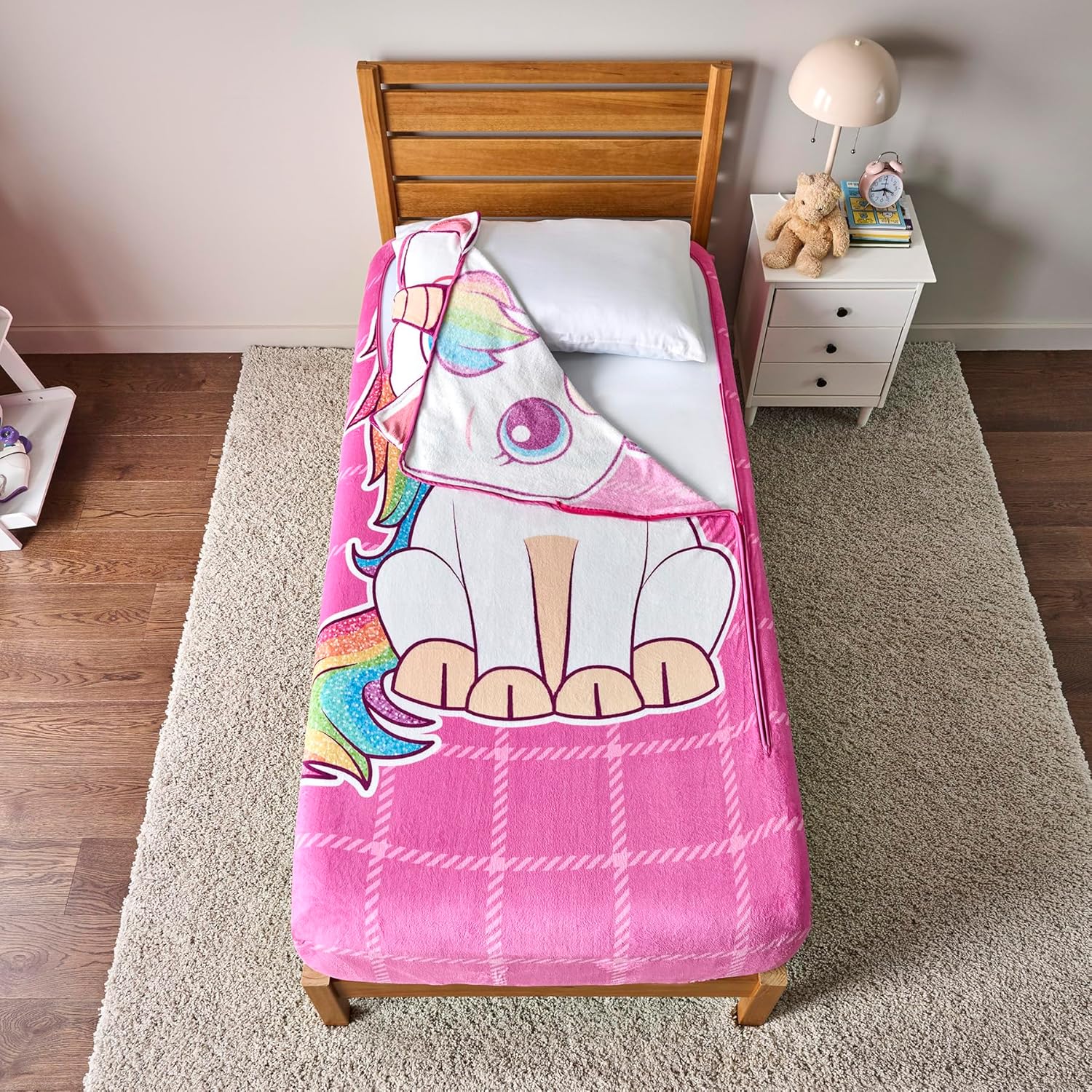 Bleacher Creatures ZippySack Twin Bed Zip-Up Bedding – Super Soft Fleece Fitted Blanket with Side Pocket & Durable Zipper – Easy Bed-Making for Kids (Unicorn)