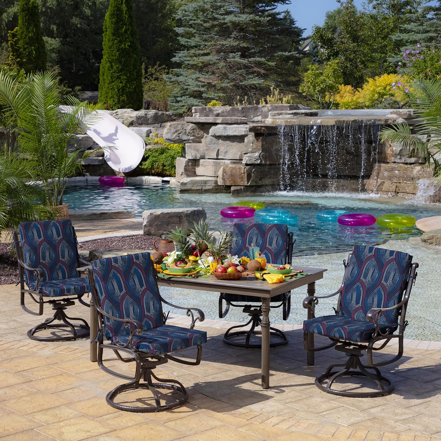 Arden Outdoor Midback Chair Cushion, 18 x 16.5, Rain-Proof, Fade Resistant Sapphire Liberty Mosaic