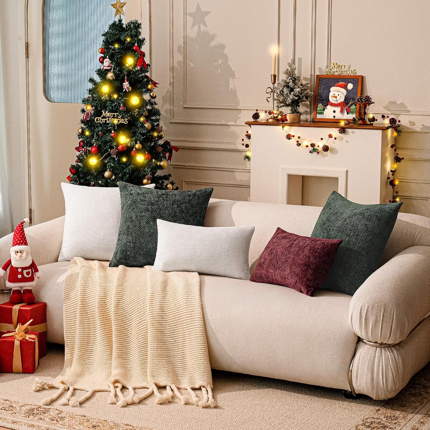 a moment Christmas Dark Green Chenille Throw Pillow Covers 20x20 Inch Pack of 2 Modern Decorative Throw Pillow Covers Farmhouse Cross Covers Home Decor for Sofa Bedroom Living Room