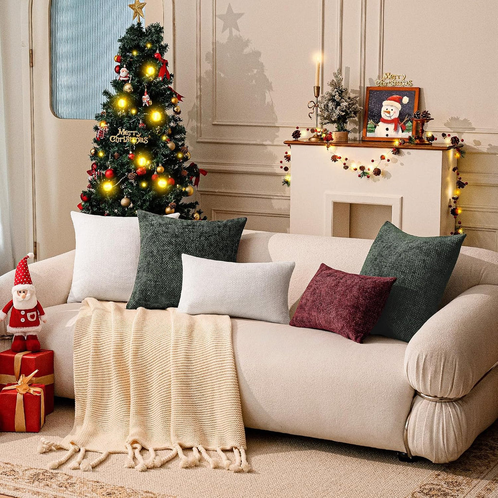 a moment Christmas Dark Green Chenille Throw Pillow Covers 18x18 Inch Pack of 2 Modern Decorative Throw Pillow Covers Farmhouse Cross Covers Home Decor for Sofa Bedroom Living Room