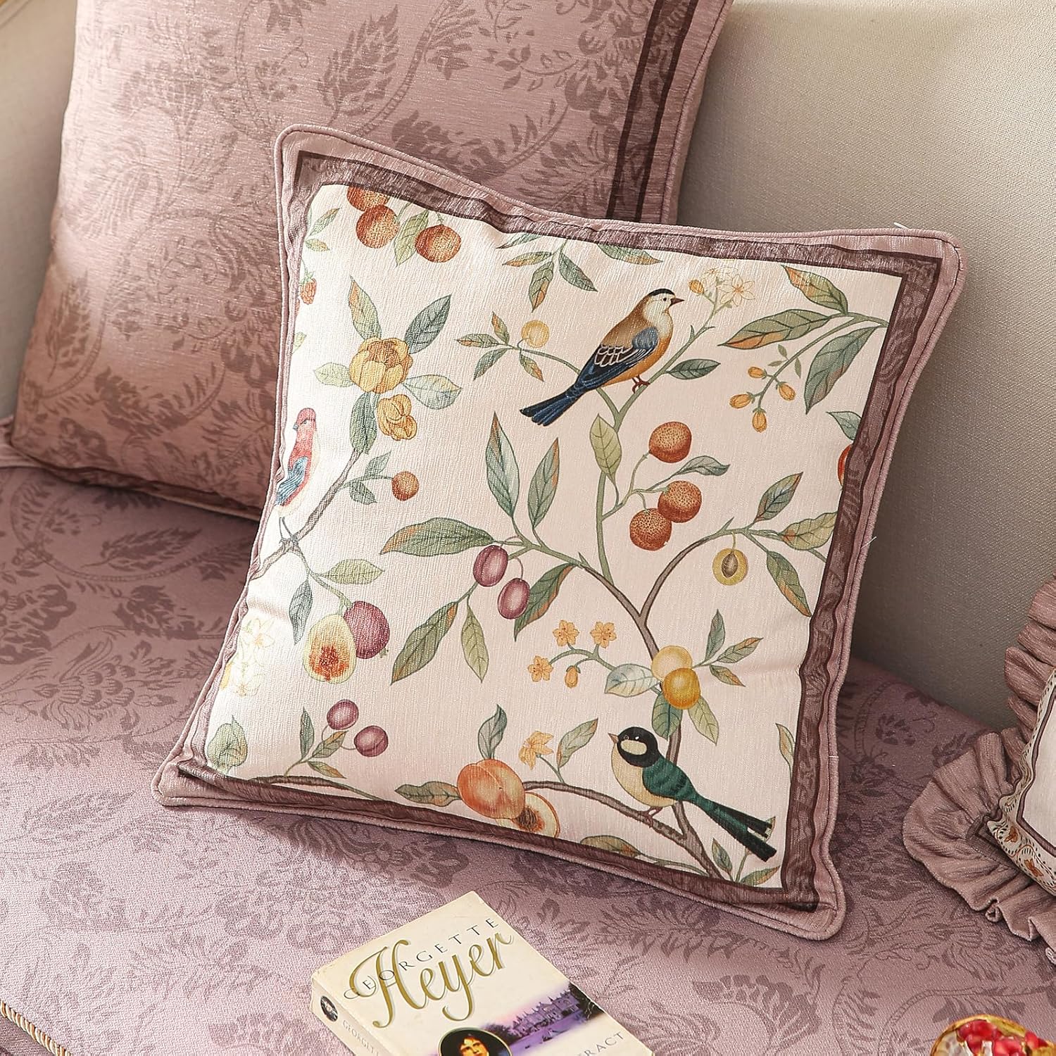 Square Pink Farmhouse Throw Pillow Covers, Birds and Flowers Pattern Cozy Velvet Pillowcases,Decoration Pillows Cushion Covers for Couch Sofa Bed Car Chair,18"x18"