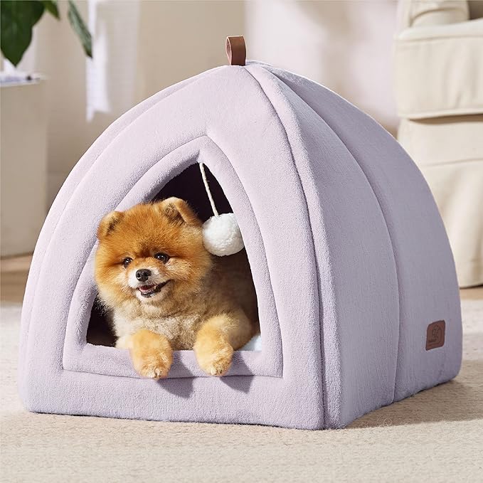 Bedsure Cat Beds for Indoor - 2 in 1 Cat Cave House Tent for Kittens and Small Pets with Removable Washable Cushioned Pillow, Foldable Kitten Hideaway with Non-Slip Bottom, Purple, 17.3 inches