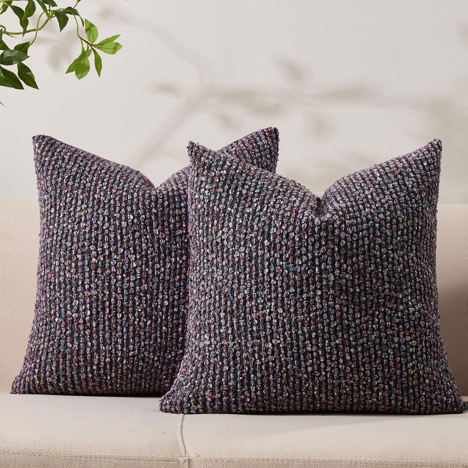 Decorative Couch Throw Pillow Covers 18x18 Set of 2 Purple Striped Soft Wool Pillow Covers Neutral Textured Boho Cushion Covers for Modern Farmhouse Sofa Bedroom Living Room Decor SY012-E18
