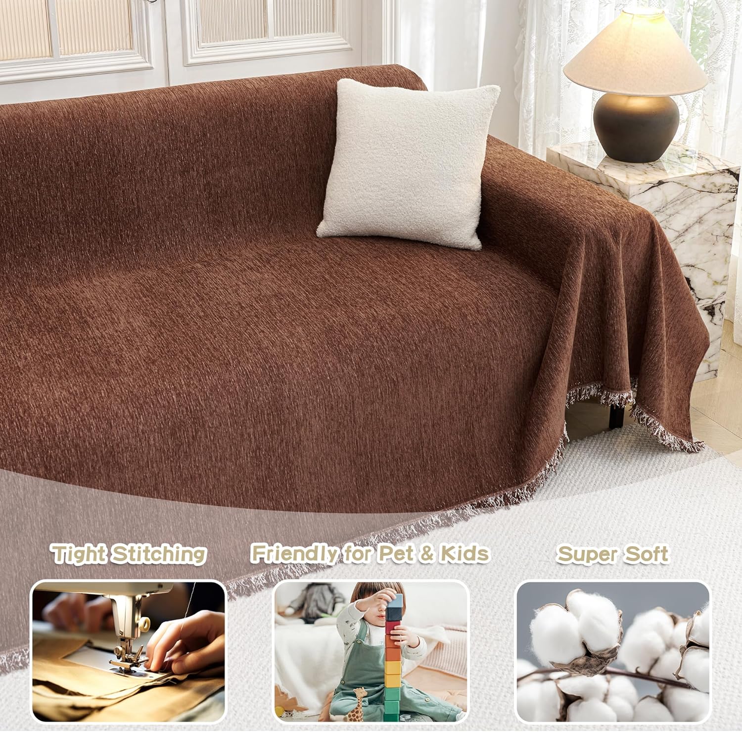 MYSKY HOME Chocolate Couch Cover Non Slip Dog Sectional Sofa Cover for 3 Cushion Couch Sofa Slipcover with Tassels Futon Cover Non Slip Washable Furniture Protector Cover for Pet, Cat, 91"x118"