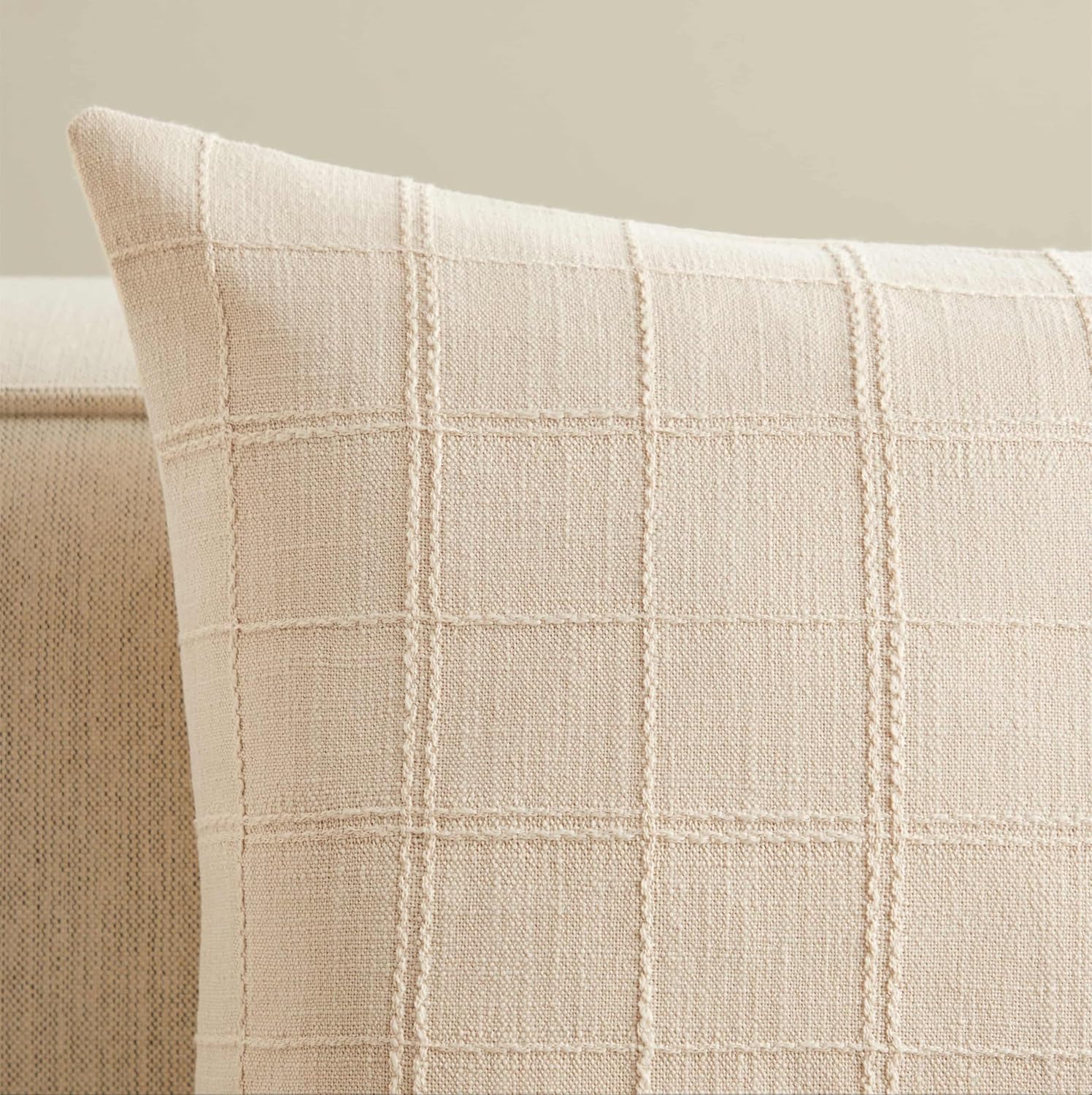 ZeeMart Linen Checked Throw Pillow Covers Set of 2, 22x22 Inch Beige/Cream, Farmhouse Decorative Single Sided Grid Embroidered Couch Pillow Cases Neutral Cotton Linen Cushion Covers