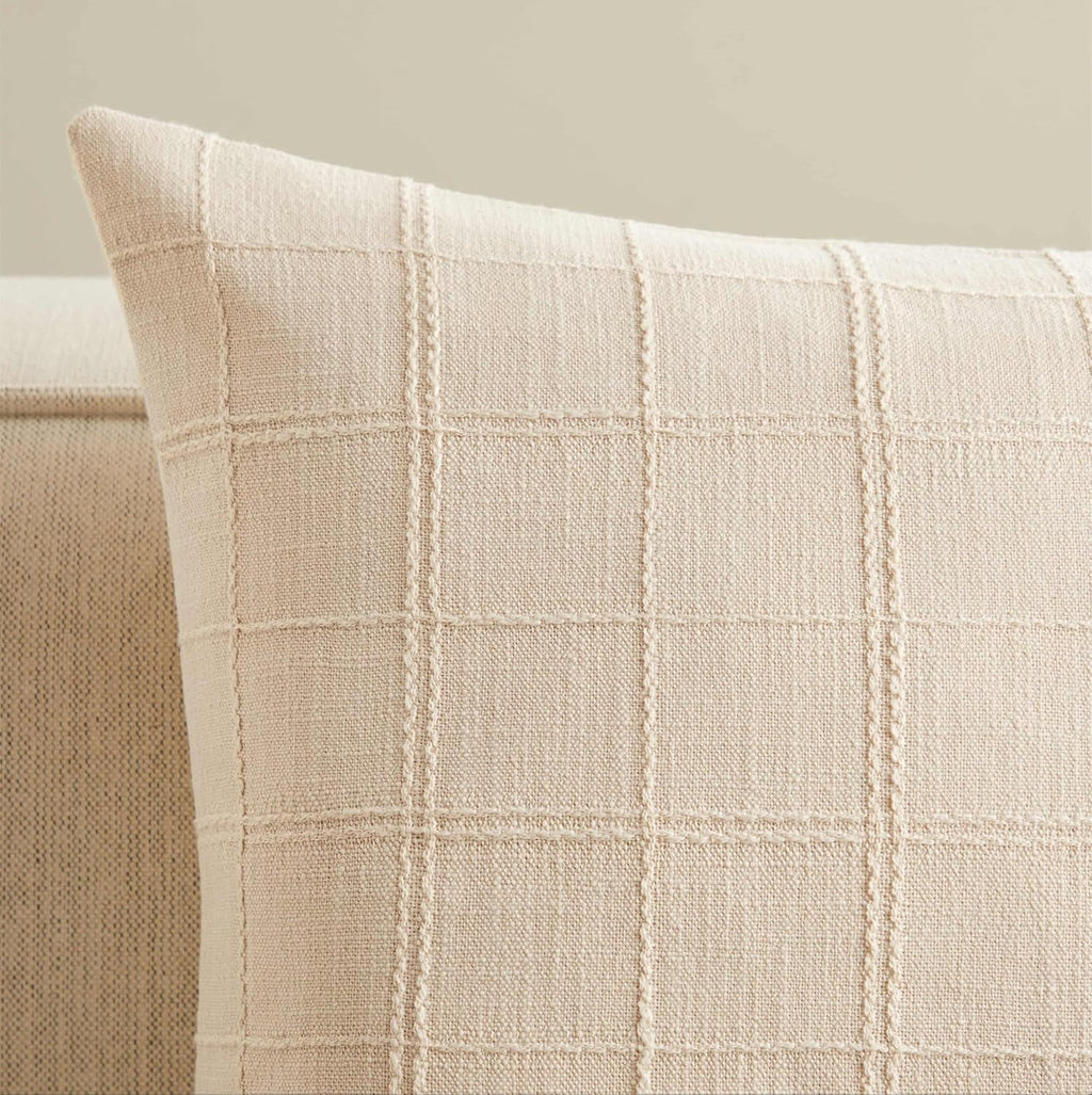 ZeeMart Linen Checked Throw Pillow Covers Set of 2, 20x20 Inch Beige/Cream, Farmhouse Decorative Single Sided Grid Embroidered Couch Pillow Cases Neutral Cotton Linen Cushion Covers