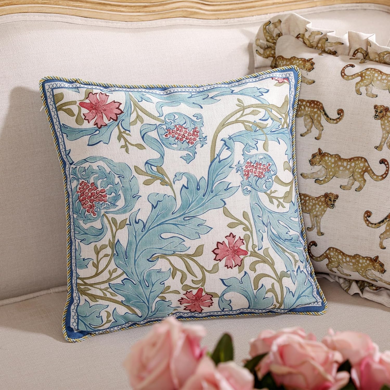 patdrea Designer Throw Pillow Covers for Couch 18"x18",Vintage French Linen Pillows Cover with Blue Floral Pattern,Fall Luxury Farmhouse Decorative Pillowcases for Bed Living Room Outdoor Set of 2