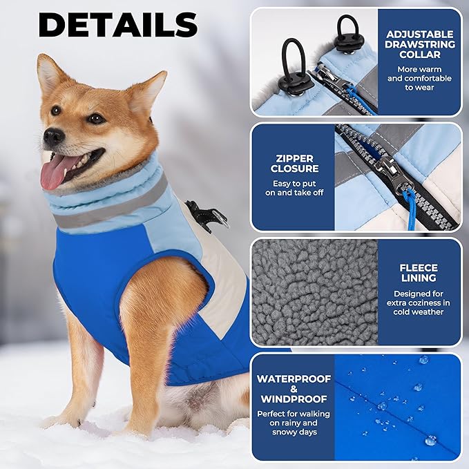 Dog Winter Coat, Reflective Dog Coats for Large Dogs, Waterproof Windproof Pet Clothes Jacket with Harness Built in, Warm Cold Weather Coats, Dogs Snowsuit Vest, Blue XX-Large